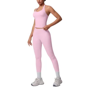 Donna Senza Cuciture Unito Halter Sport Fitness Yoga Set Due Pezzi Rosa Outfit Set.