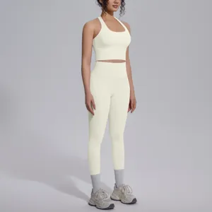 Effenkleur yoga set detail tonen pasvorm, ademende stof en gestroomlijnd sportief ontwerp klaar.