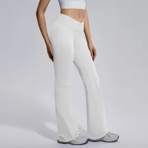 Women's high waist crossover flare yoga pants athletic fitness gym trousers white