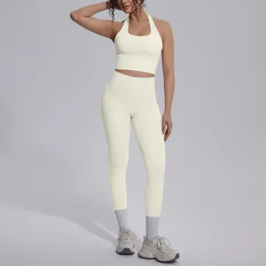 Vrouwen effen kleur halter yoga set fitness gym tweedelige sportkleding leggings top