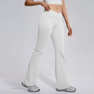 Women crossover waist flare yoga pants high stretch tummy control workout fitness trousers