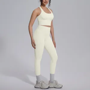 Effen kleur dubbelzijdig nylon sport-bh en hoge taille yoga leggings fitness set.