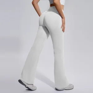 Women's white seamless high waist flare yoga pants fitness workout leggings detail view