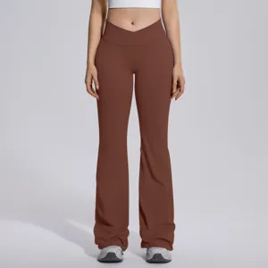 Women crossover high waist flare yoga pants for active fitness running brown trousers.