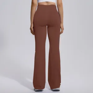 Back detail of women high waist flare yoga pants in brown, showing slim fit and stretch fabric.
