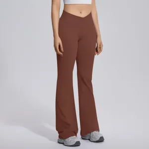 High waist crossover flare yoga pants, brown stretch fitness trousers for women detail view.