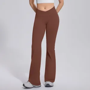 Women crossover high waist flared yoga pants athletic fitness running stretch workout trousers.