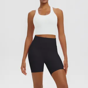 Women solid color athletic yoga set breathable fitness gym crop top and high waist shorts