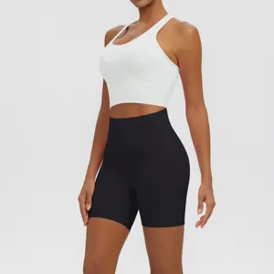 Solid color women yoga set fitness sportswear breathable athletic crop top and shorts.