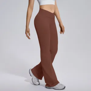Brown crossover high waist flare yoga pants detail, soft stretchy fitness athletic trousers.