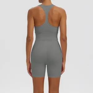 Solid color breathable yoga set featuring a racerback sports bra and high waist shorts for workout.