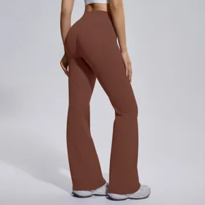 Women High Waisted Seamless Micro Flare Yoga Pants Butt Lifting Brown Gym Fitness Sports Leggings