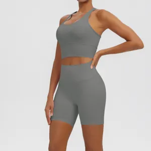 Solid color seamless yoga set women athletic ribbed fitness gym shorts and sports bra activewear