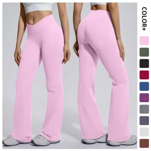 Women's High Elastic Seamless Crossover Waist Micro Flare Yoga Pants Tummy Control Bootcut Fitness Activewear Bottoms