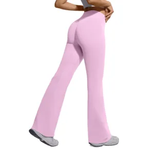 Women pink high waist flare yoga pants seamless tummy control fitness running leggings