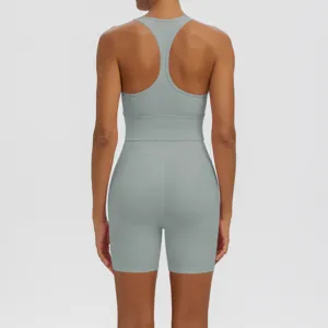 Back view of a solid color double-faced nylon sports bra and tight shorts yoga set for fitness.