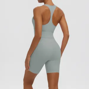 Women seamless solid color athletic yoga set backless breathable fitness gym shorts workout