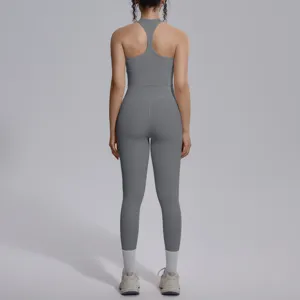 Effen dubbelzijdige brokaat strakke racerback yogaset fitness sportkleding tweedelig