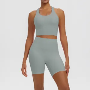 Solid color double faced nylon breathable yoga set athletic workout fitness gym two piece