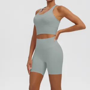 Women's Solid Color Yoga Set Activewear Breathable Workout Sports Bra and High Waist Shorts