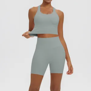 Women solid color double-sided nylon racerback yoga set breathable fitness two-piece suit