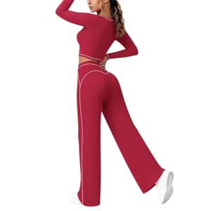 Vrouwen rode lange mouw crop top uitlopende yoga broek sport fitness set hoofd