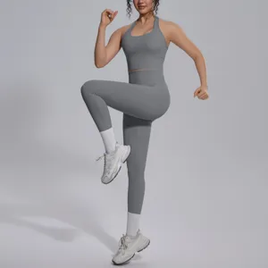 Grijs yoga set rugloos top en hoge taille legging voor fitness hardlopen details