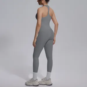 Grijs effen strak rugloos yogaset rugaanzicht detail voor dames fitness sport training