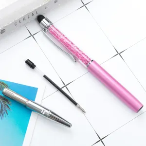 Pink crystal touch screen ballpoint pen with refill, elegant metal promotional gift pen.
