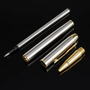 Stylo bille en métal professionnel démonté, ensemble cadeau de bureau argent et or élégant.