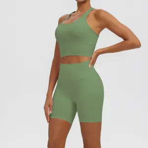 Solid color double-sided nylon activewear yoga set sports bra high waist shorts women