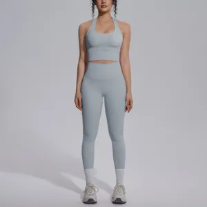 Effen halter crop top en hoge taille legging yoga set voor dames fitness en hardlopen.