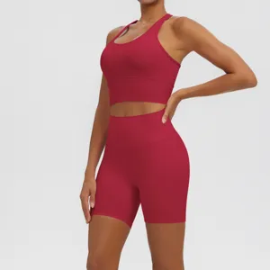 Solid color seamless yoga set, breathable fitness sports bra and high waist shorts for women.