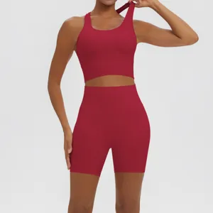 Detailed view of the breathable fabric and supportive crop top design for active fitness.