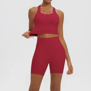 Solid color red double-sided nylon yoga set, breathable fitness bra and high waist shorts.