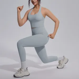 Effen nylon yoga set, strakke sportkleding outfit voor hardlopen en fitness tweedelige set.