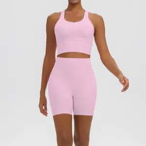 Women pink yoga set fitness activewear seamless athletic crop top and biker shorts