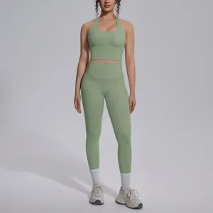 Effen halter sportbeha en hoge taille yoga leggings fitness sportkleding set voor dames.