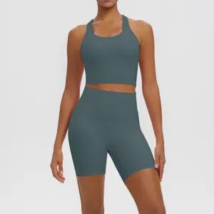 Seamless ribbed yoga set detail, breathable athletic wear, high waisted shorts, gym outfit