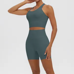 Details of solid color double-sided nylon breathable yoga set, racerback sports bra and shorts.