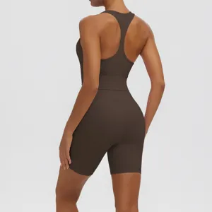 Detailed view of the solid color breathable yoga set featuring a stylish racerback top and shorts.