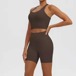 Detailed view of the coffee brown seamless sports bra and high-waist fitness shorts set.