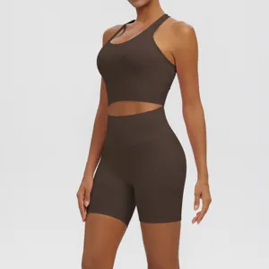 Solid color breathable yoga set activewear training gym workout two piece athletic outfit