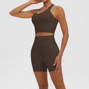 Seamless high waist yoga set for women, breathable sports bra and biker shorts activewear.