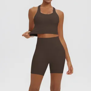Women solid color athletic ribbed yoga set fitness sports bra and high waist shorts activewear