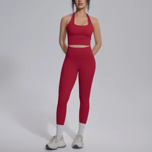 Rood halter yoga set vrouwen sportkleding fitness gym crop top en hoge taille legging