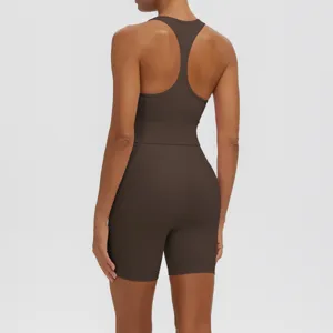 Solid color racerback sports bra and high waist biker shorts yoga set for women fitness running