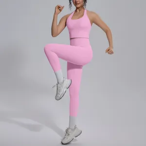 Roze effen sportkleding yoga set fitness workout gym tweedelig outfit voor dames sportoutfit