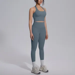 Effenkleurige sportbeha en hoge taille yoga legging workout tweedelig sportsetje.