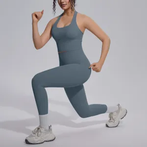 Effen halter sport-bh en hoge taille yoga leggings actieve kleding tweedelig setje